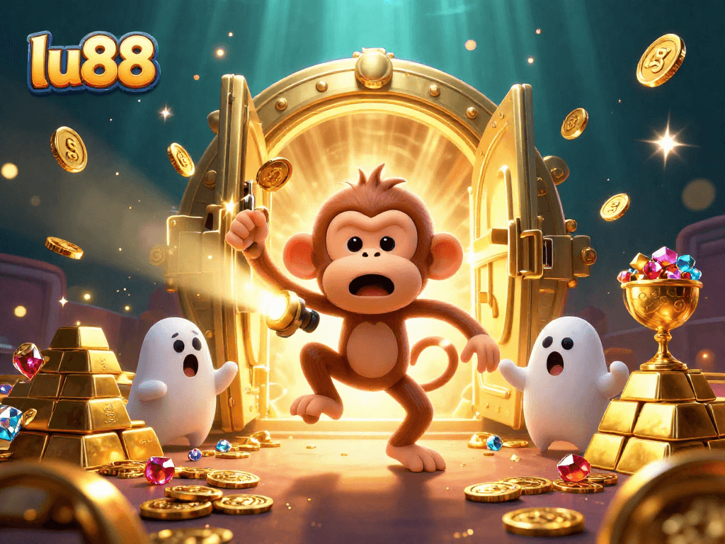 Experience thrilling fun at Lu88's haunted casino featuring a playful ghost monkey and curious puppy.
