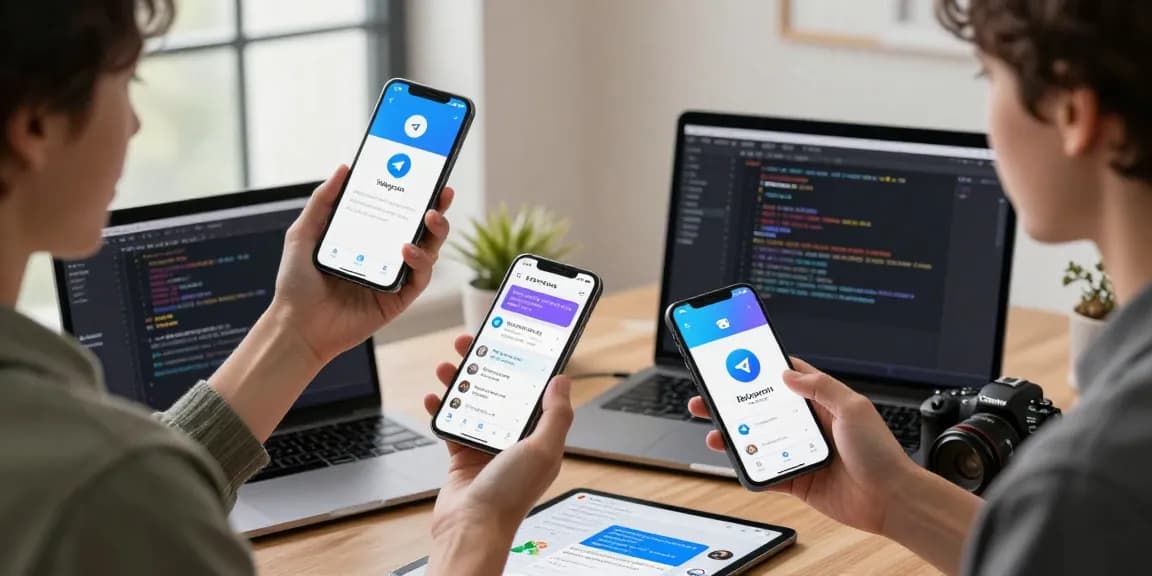 Explore Telegram Chinese settings in a vibrant tech workspace as a user interacts with multiple devices.
