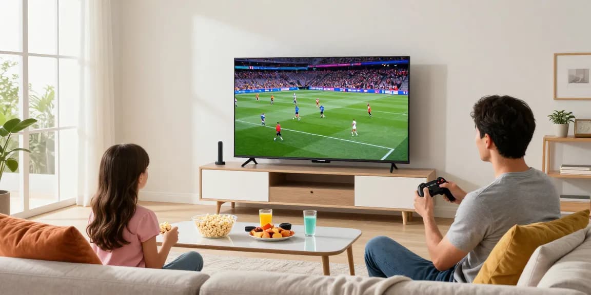 Family enjoying IPTV streaming on smart TV in a cozy living room