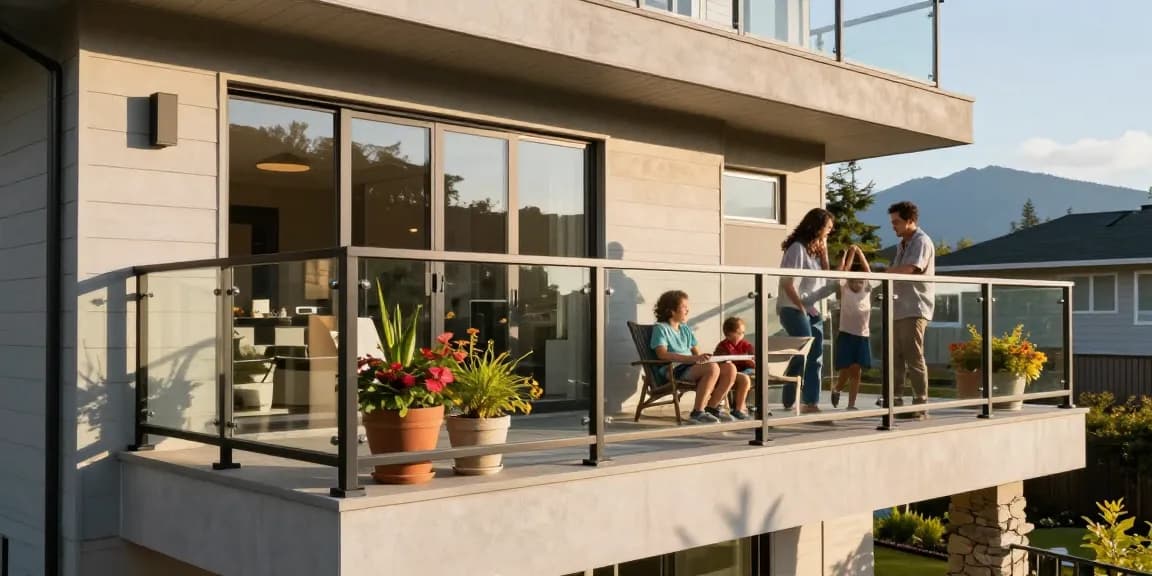 Custom railing north vancouver enhancing a beautiful balcony with family enjoying the view.
