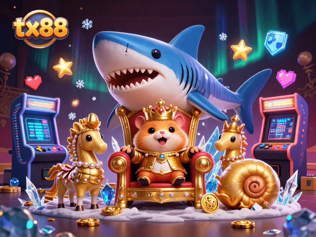 Win big at tx88 with a vibrant gaming scene featuring a golden hamster king.