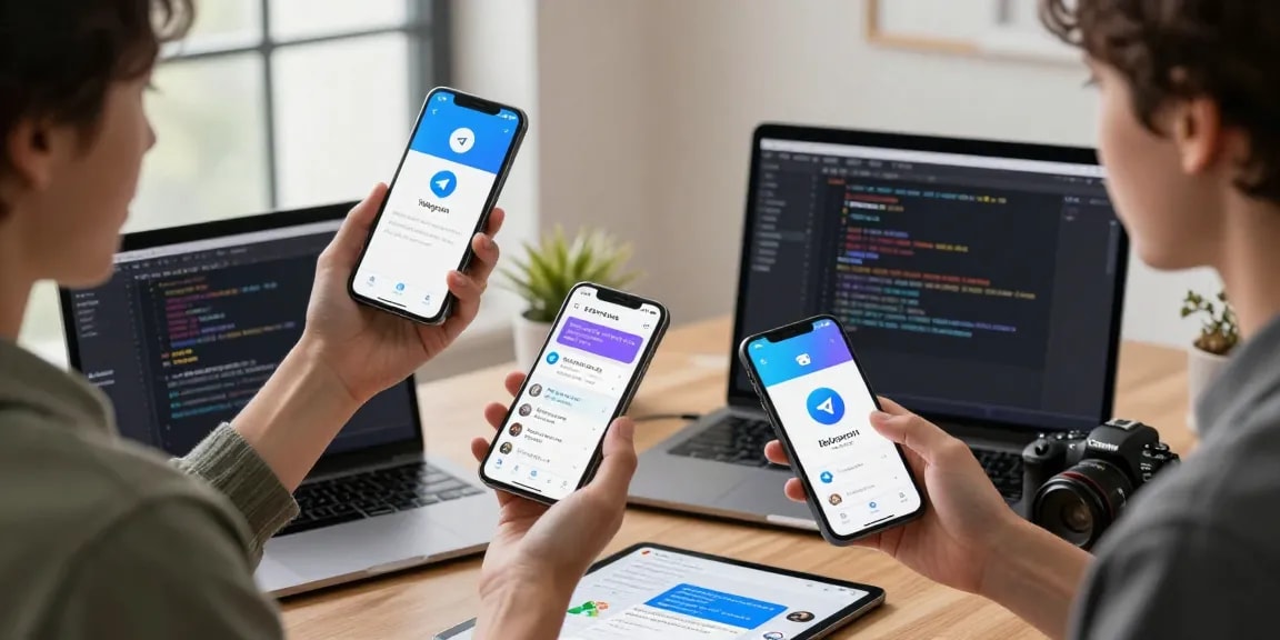 Explore Telegram Chinese settings in a vibrant tech workspace as a user interacts with multiple devices.