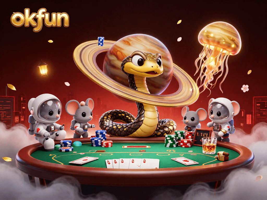 Bet on okfun's thrilling cosmic casino with mice and a golden jellyfish dealer.