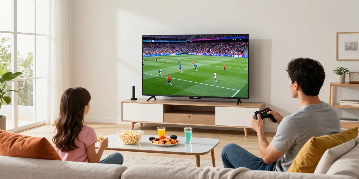 Family enjoying IPTV streaming on smart TV in a cozy living room
