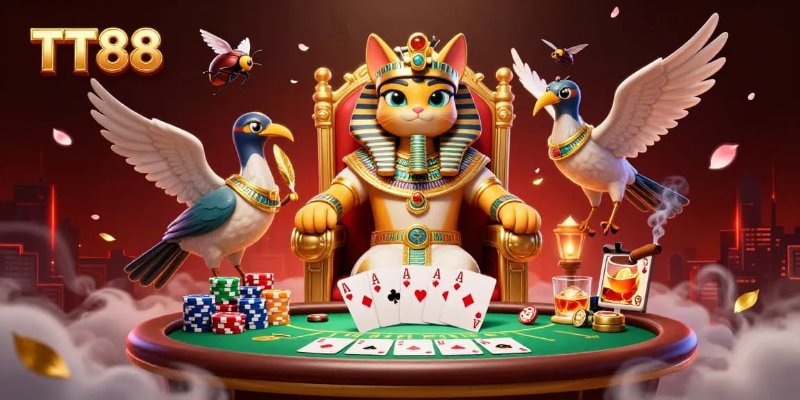 Experience the thrill of TT88 with a powerful Egyptian pharaoh cat, poker elements, and rich casino atmosphere.