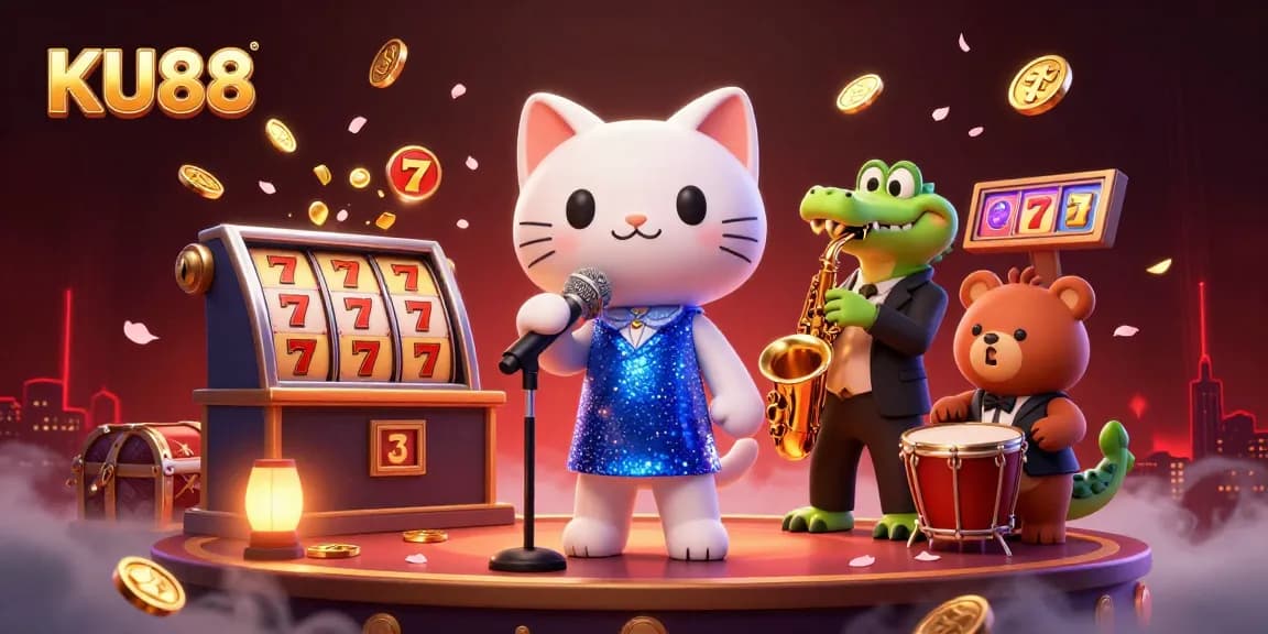 Watch the KU88 casino scene come alive with a jazzy cat, a crocodile, and a bear, celebrating gaming adventures