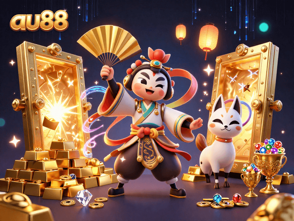 Engage in a thrilling experience at AU88, featuring vibrant characters amidst dazzling gems and golden treasures.
