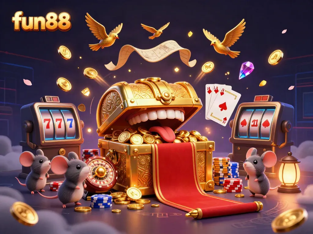 Engage with fun88's thrilling casino experience, showcasing a vibrant treasure chest and lively gaming elements.