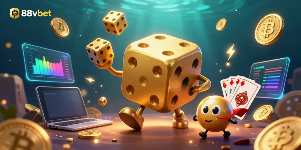 Experience the excitement of 88vbet with a vibrant 3D casino illustration showcasing a golden dice golem and crypto elements.