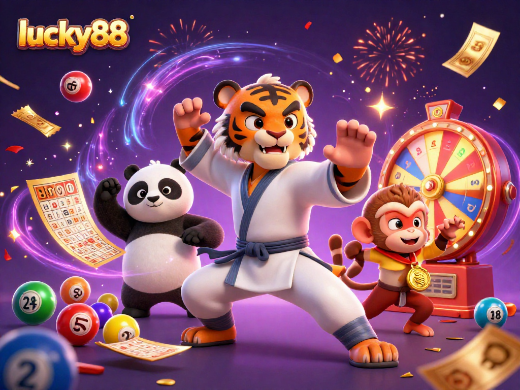 Experience thrilling gameplay with lucky88, featuring a tiger master, panda disciple, and playful monkey amidst colorful casino elements.