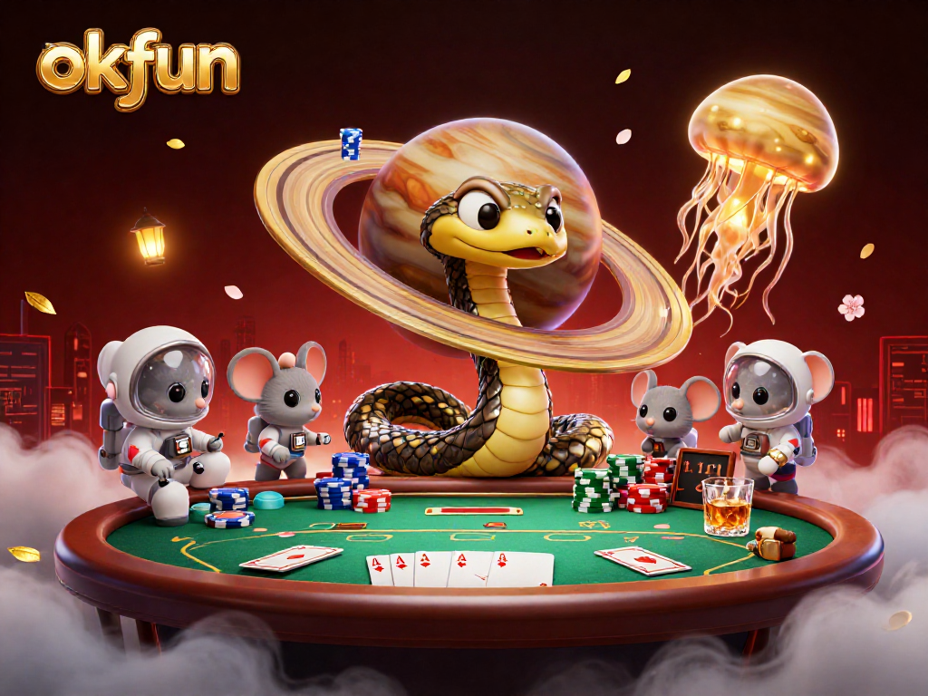 Bet on okfun's thrilling cosmic casino with mice and a golden jellyfish dealer.