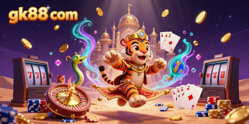 Experience exciting gaming adventures with gk88 com, showcasing a vibrant scene of a tiger sultan, riches, and casino elements.
