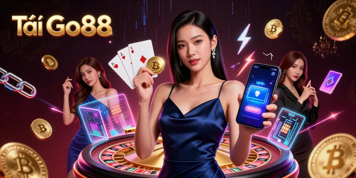 Tải Go88 and engage in thrilling casino gameplay with a stunning Asian woman amidst vibrant 3D elements.