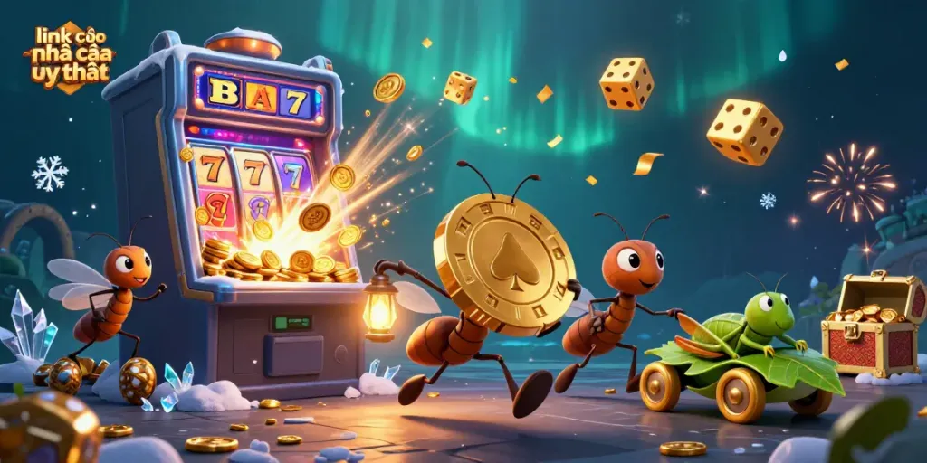 Engage with link vào nhà cái uy tín through a dynamic 3D cartoon scene of ants heisting a poker chip amidst a lively casino atmosphere.