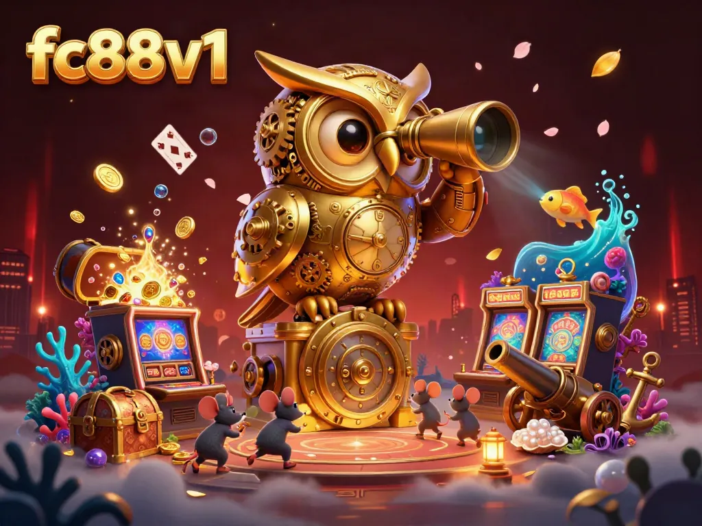 Engage in the excitement of fc88v1 with a vibrant casino scene featuring a golden owl, lively patrons, and floating cards.