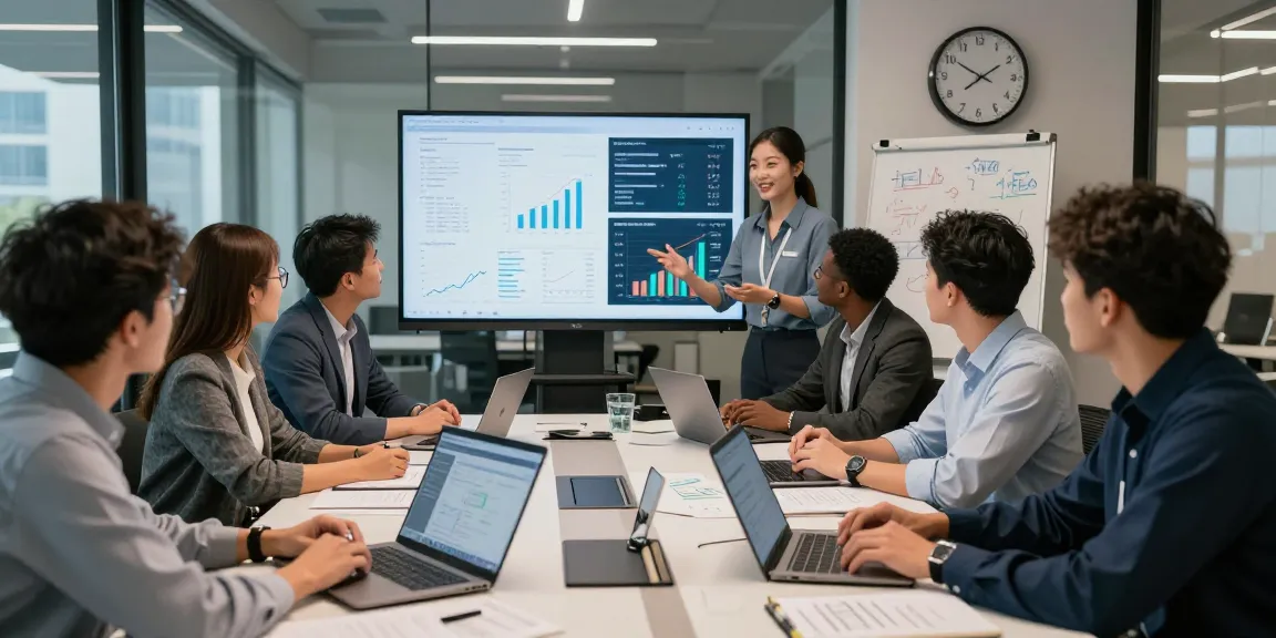 Team collaboration in Markham IT Consulting office with analytics displays and brainstorming session.