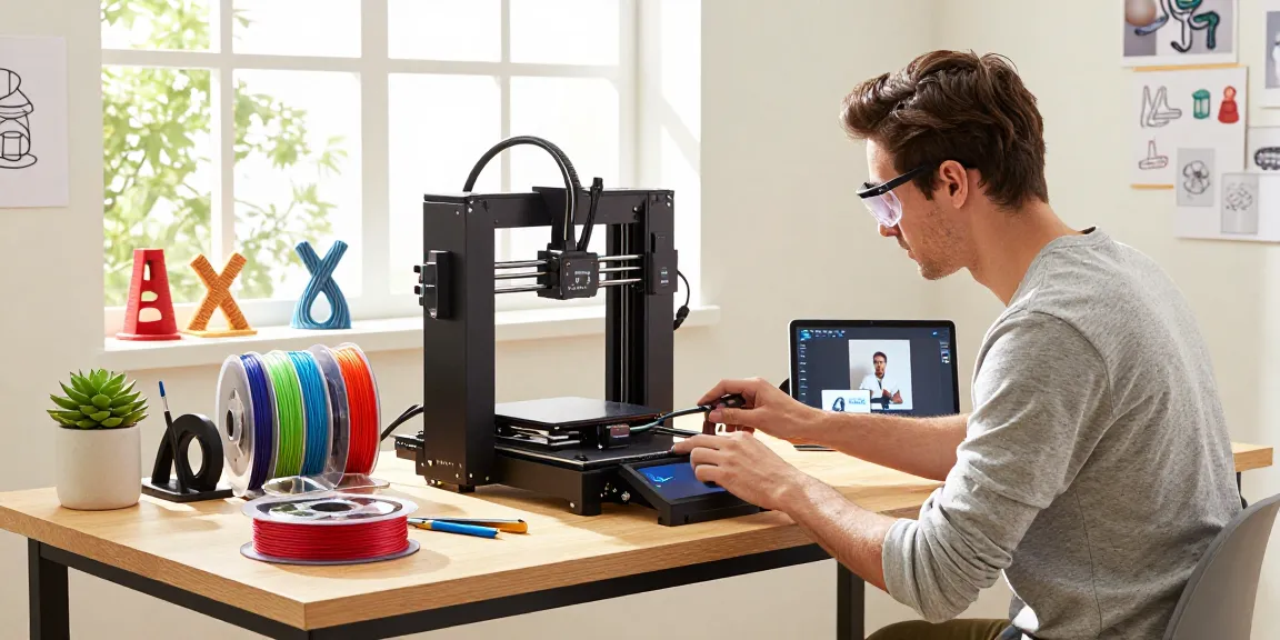 Beginner enthusiast setting up the Best beginner 3D printer in a bright workshop with colorful filament and tools.