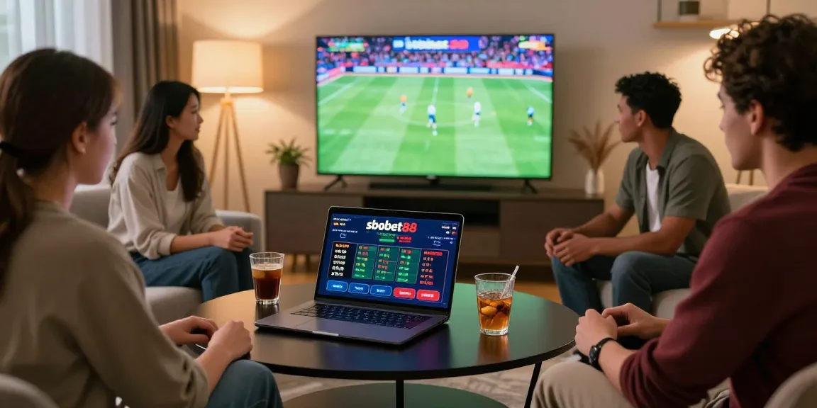 Pengguna sbobet88 menikmati taruhan online di ruang tamu modern dengan suasana sosial yang hangat.