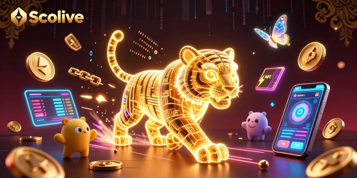Socolive digital landscape showcasing a golden tiger amidst crypto elements and vibrant neon effects.