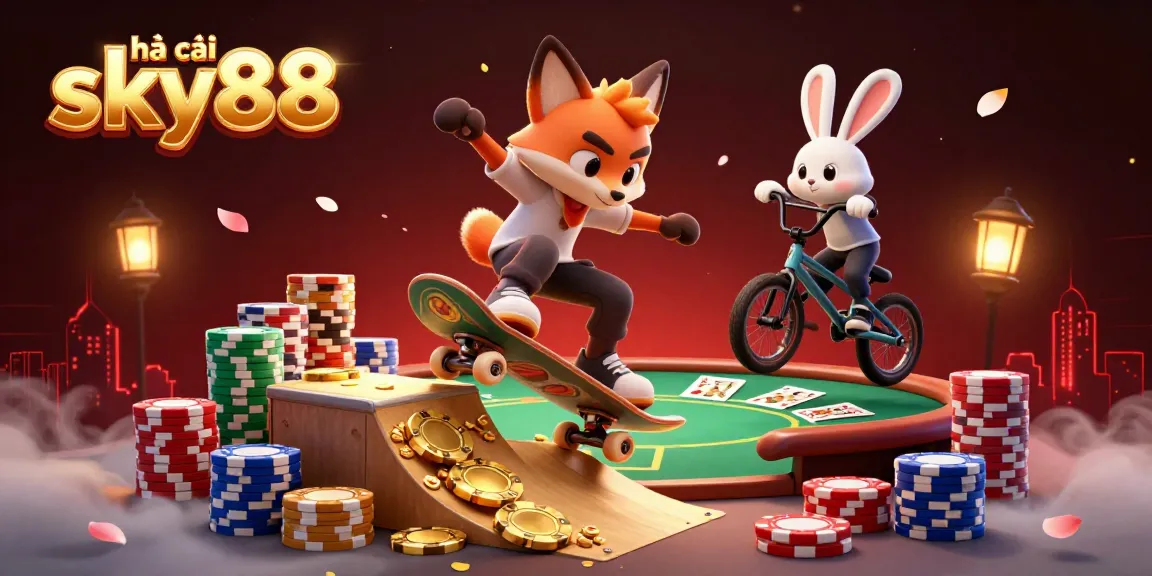 Experience excitement with nhà cái sky88, featuring a vibrant casino scene with dynamic characters and poker elements.