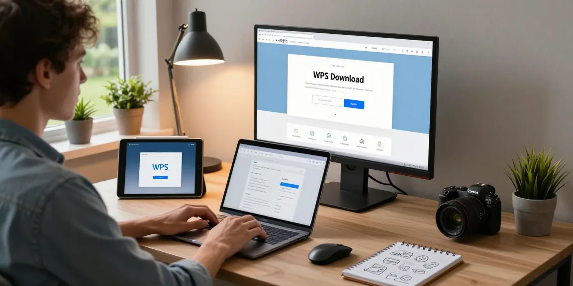 WPS Download homepage displayed on a modern workspace setup with a laptop and monitor in a cozy home office.