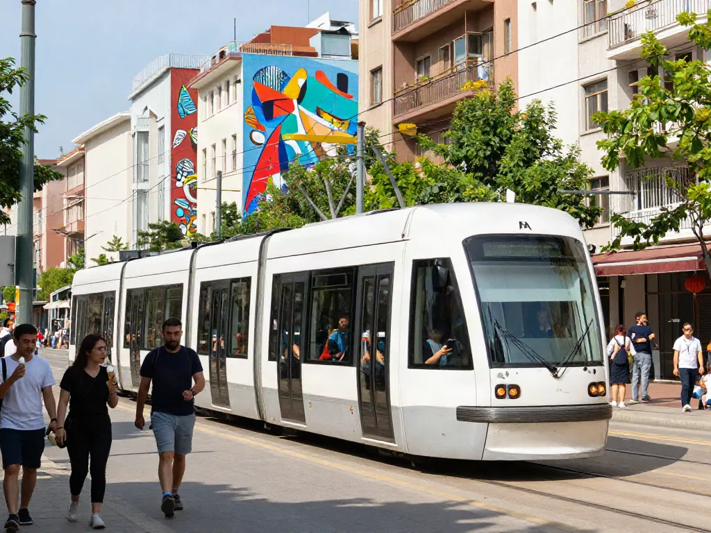 Modern streetcar at streek.ca showcasing vibrant urban life with engaged passengers.
