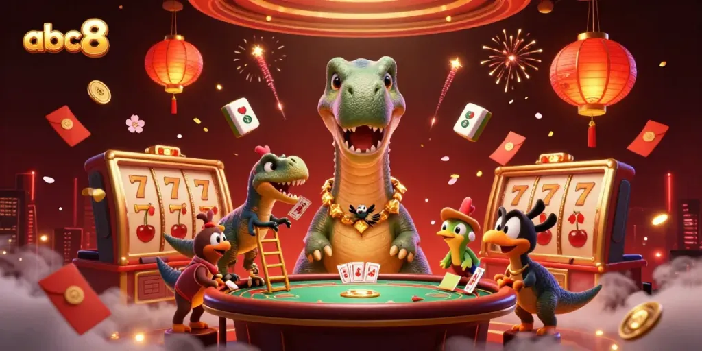 Engage in thrilling games with abc8 in a vibrant 3D casino scene featuring dinosaur dealers.