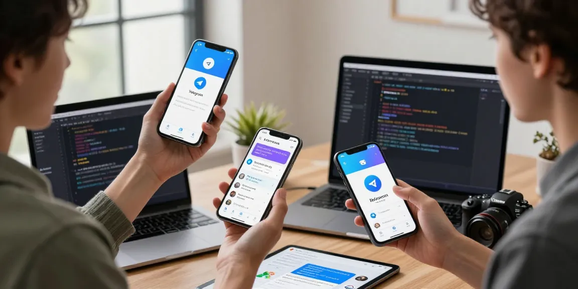 Explore Telegram Chinese settings in a vibrant tech workspace as a user interacts with multiple devices.