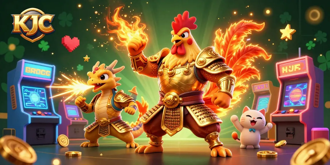 Join the KJC gaming adventure with a powerful rooster warrior, dragon, and a fortune cat amidst colorful casino elements.