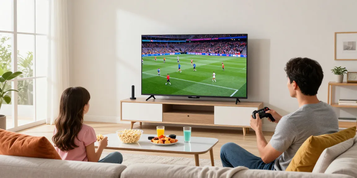 Family enjoying IPTV streaming on smart TV in a cozy living room