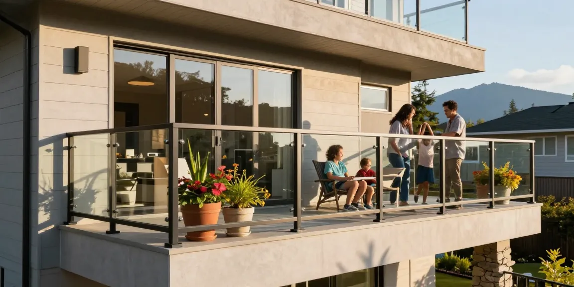 Custom railing north vancouver enhancing a beautiful balcony with family enjoying the view.