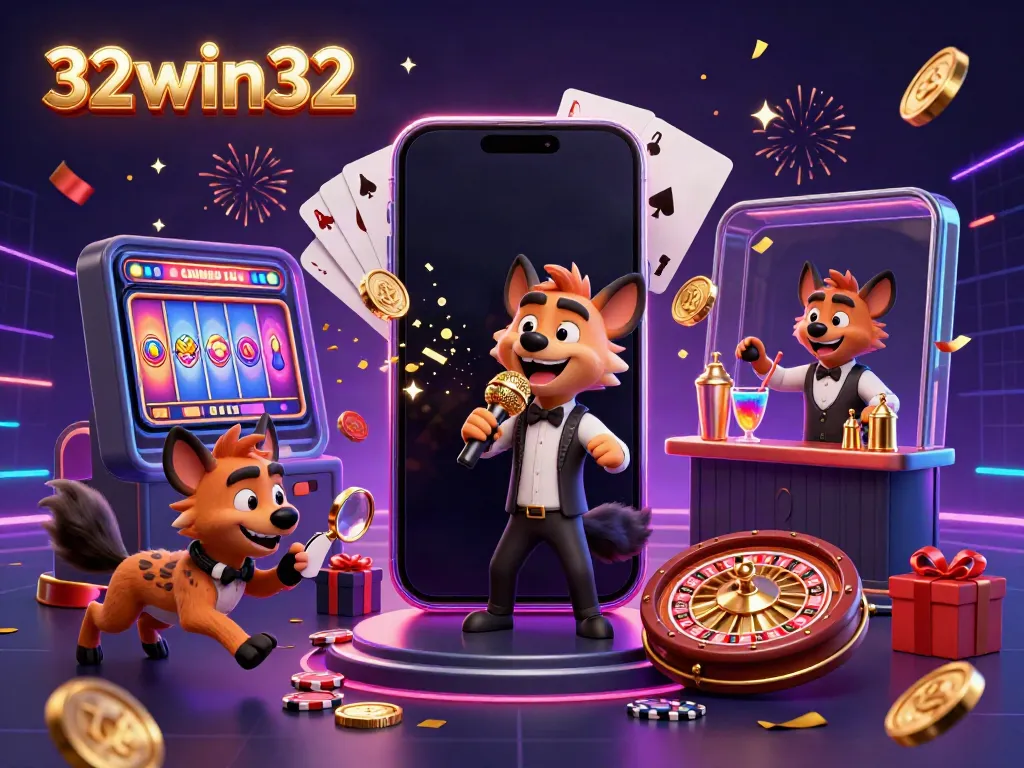 Experience the thrill of 32win32 with vibrant hyenas hosting a lively casino scene, complete with slot games and festive décor.