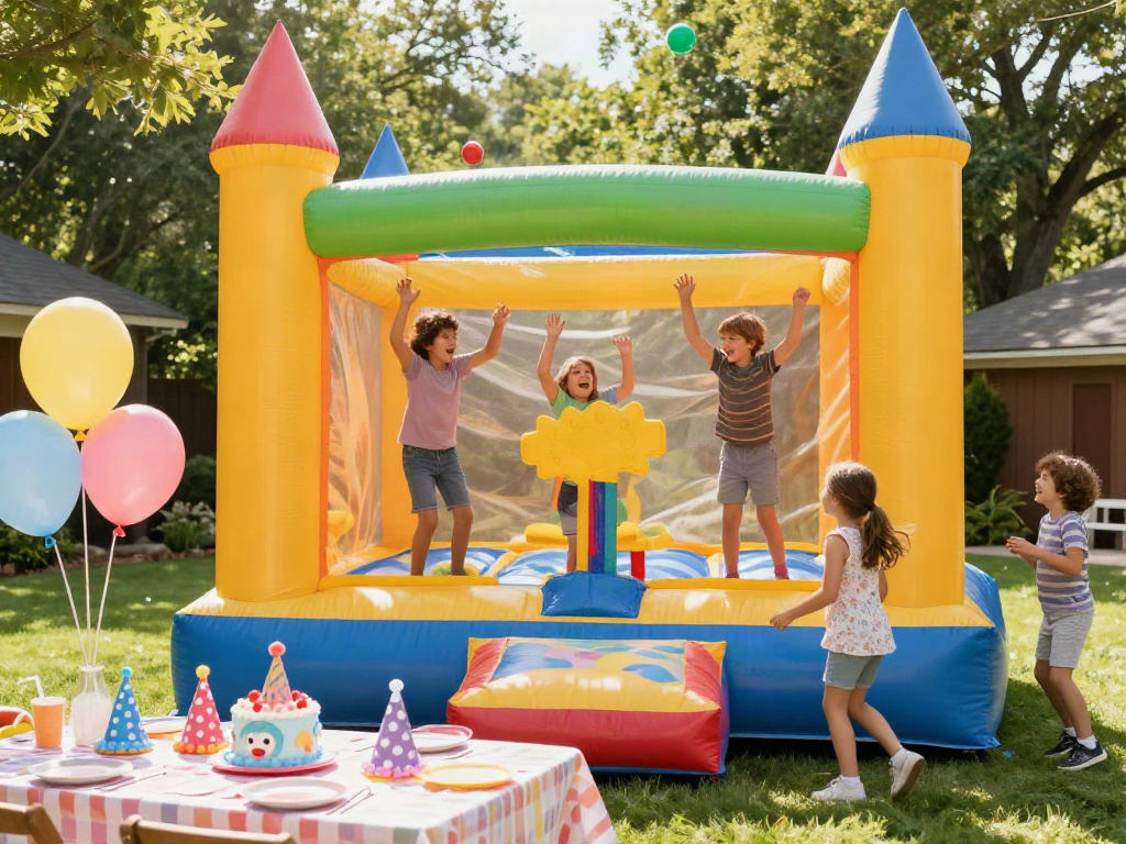 Children enjoying a bounce castle at a colorful backyard birthday party, surrounded by balloons