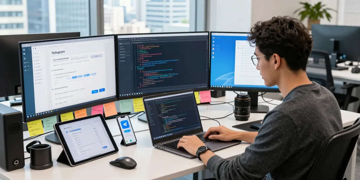 Developer using Telegram Chinese in a modern tech workspace with multiple screens and gadgets.