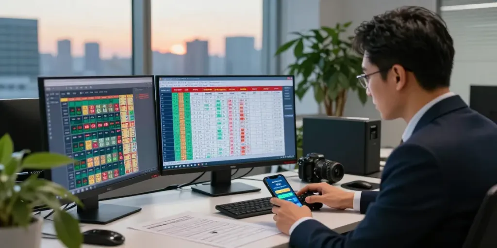 Analisis data tisu4d oleh profesional di kantor modern dengan pemandangan kota.