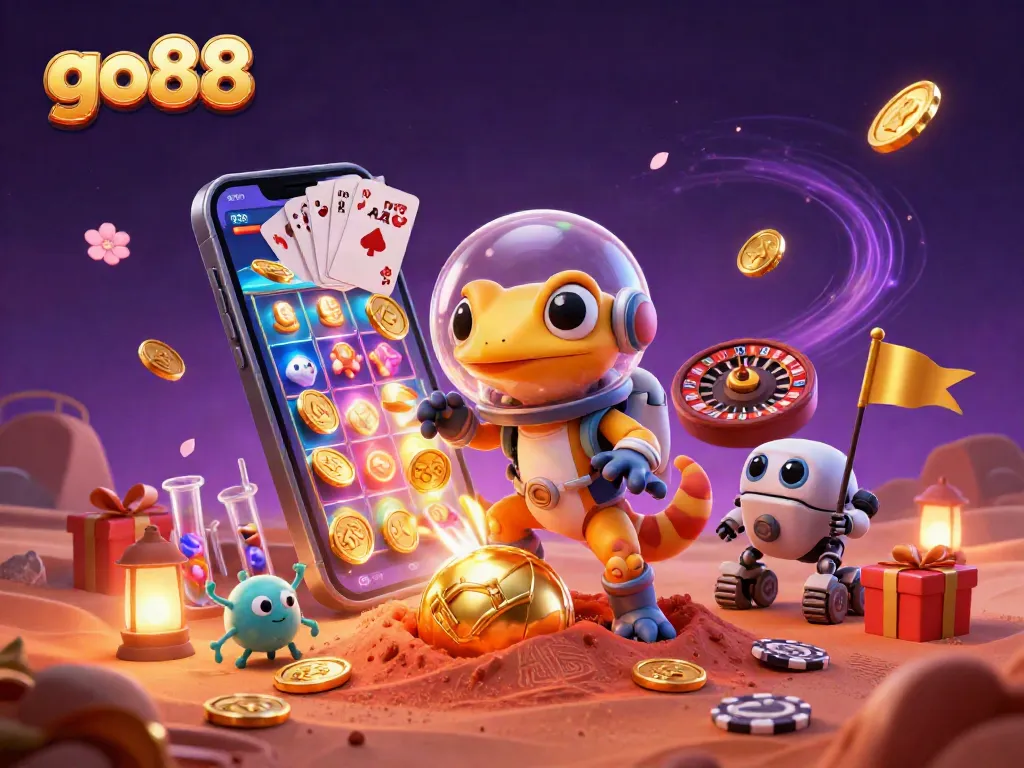 Go88 casino scene with a Martian gecko discovering a golden casino and colorful slot games.