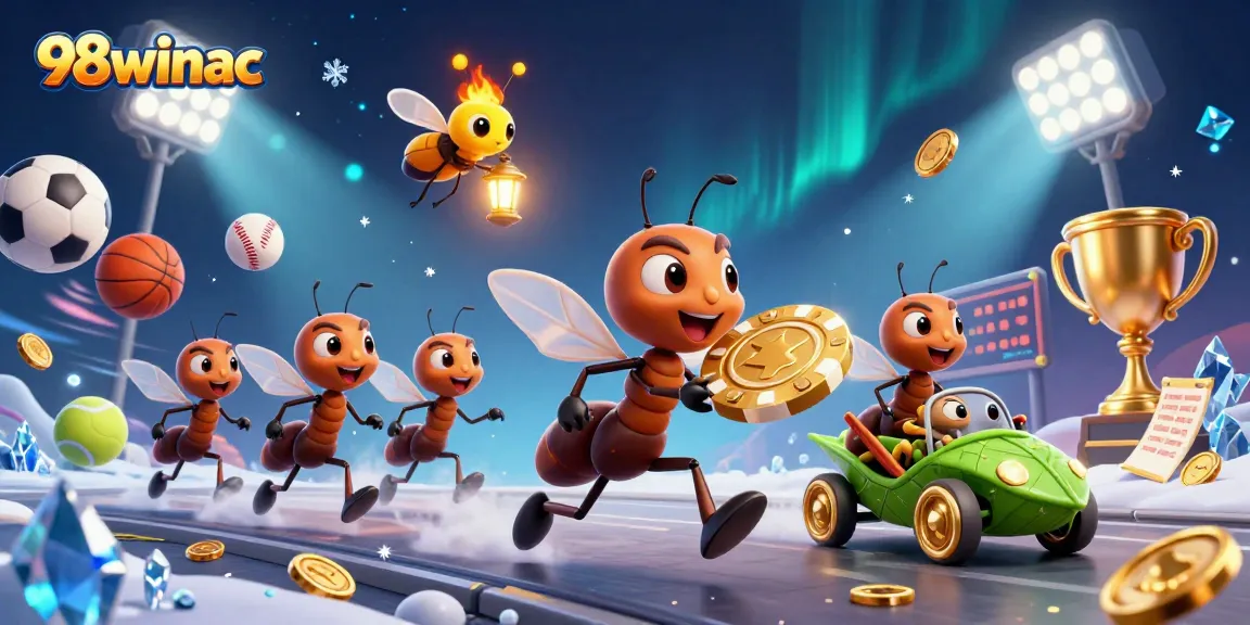 Experience thrilling gambling action with 98winac as ants heist large poker chip, surrounded by sports elements.