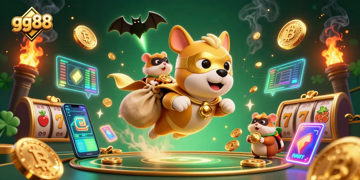 Experience thrilling wins with gg88 casino-themed illustration featuring a superhero dog and hamster.