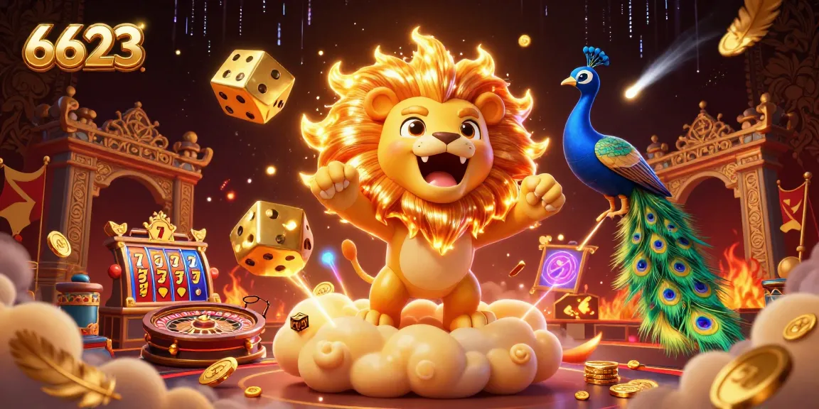 Engage in exciting gameplay at 6623 with vibrant 3D casino illustrations showcasing slot reels and golden dice.