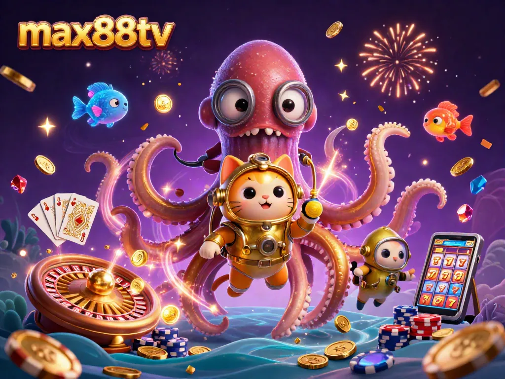 Max88tv showcases a thrilling casino scene with a kraken, diving cat, and vibrant game elements.