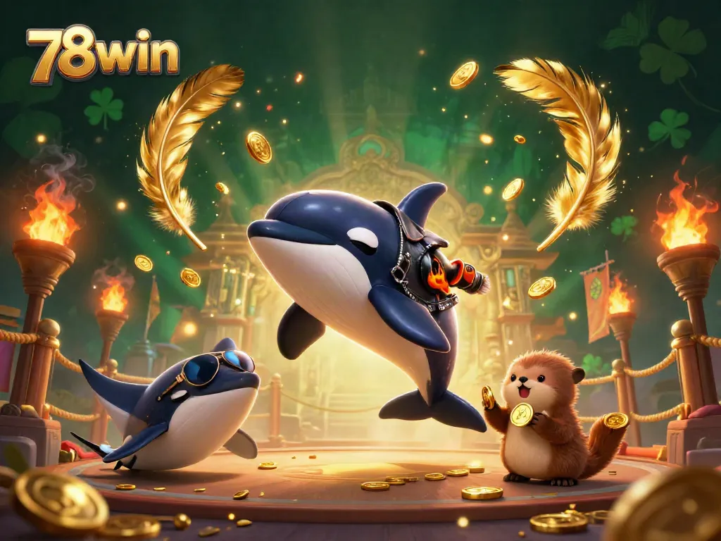 Experience excitement at 78win with a dynamic scene featuring an orca, stingray, and otters in a thrilling casino adventure.