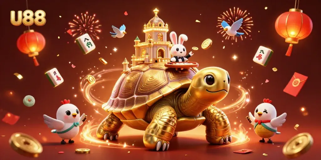Experience the excitement at u88 casino with a golden tortoise, dealer, and confetti celebration.