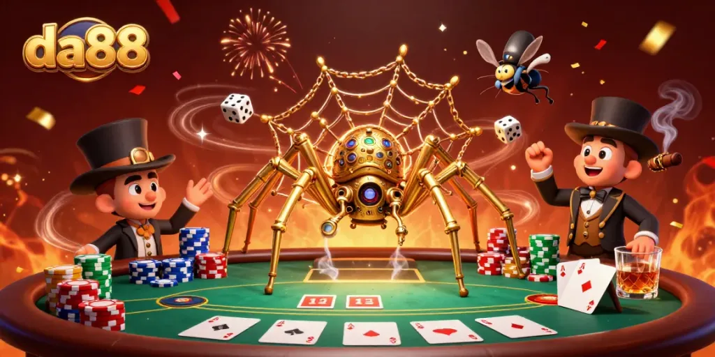 Engage with da88's exciting casino atmosphere featuring a steampunk spider and poker elements in action.