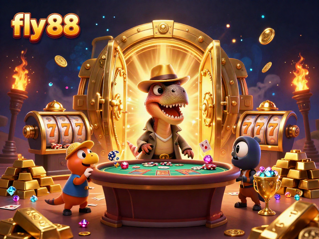 Experience thrilling gameplay at fly 88 as a velociraptor card counter and friends plot at a blackjack table.