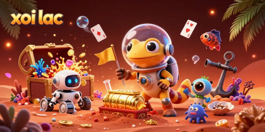 Xoi lac logo shining over a cartoon Martian gecko discovering a buried casino amidst floating cards and treasures.
