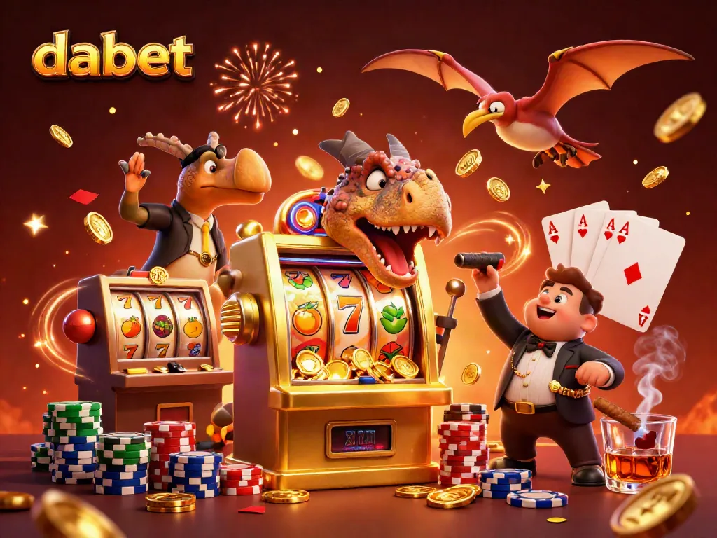Dabet showcases a jubilant dino-themed casino scene where a pachycephalosaurus activates a slot machine jackpot amidst an exciting atmosphere.
