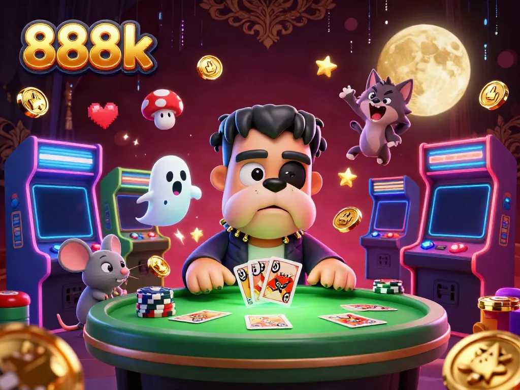 Engage in thrilling gameplay at 888k with an illustration featuring colorful casino elements and characters.