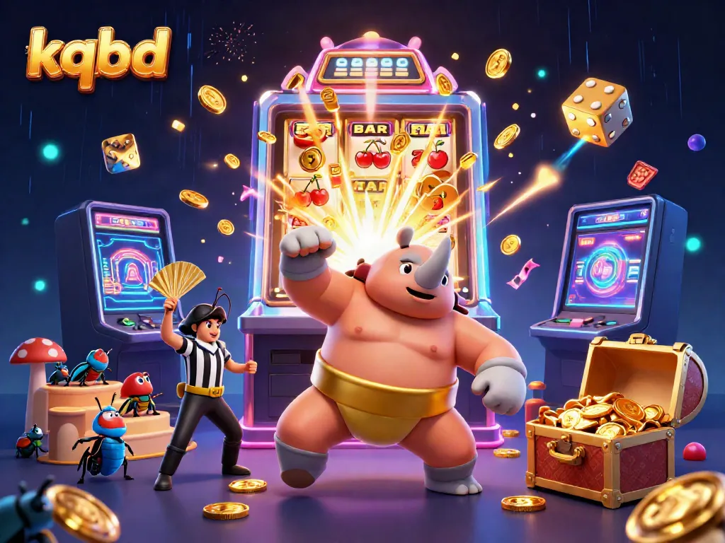 Experience kqbd with a vibrant competition scene featuring a sumo champion beetle amidst a whirlwind of casino excitement.