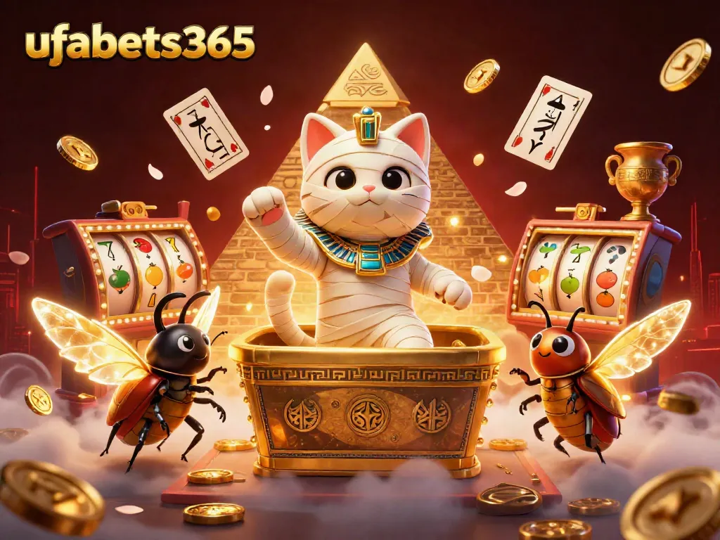 Experience exciting wins at ufabets365 with a 3D Egyptian mummy cat and casino elements.