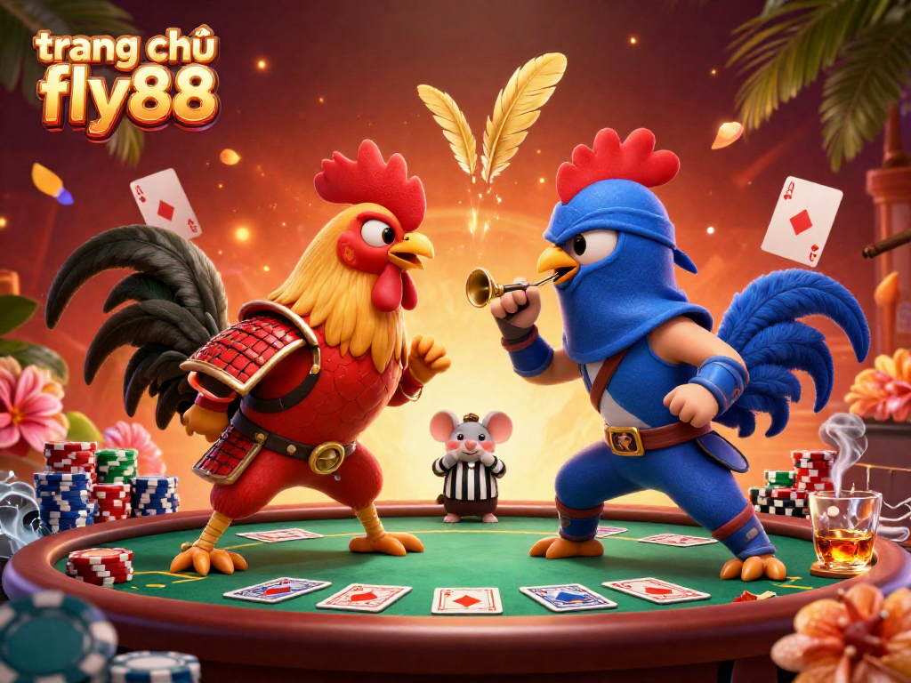 Experience the thrill of cockfighting at trang chủ fly88 with dynamic 3D illustration featuring iconic characters.